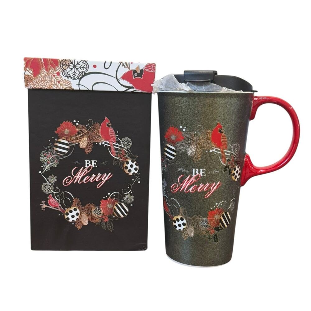 Cypress Home Ceramic Travel Coffee Latte Tea Mug BE MERRY Christmas Cardinal‎ 17